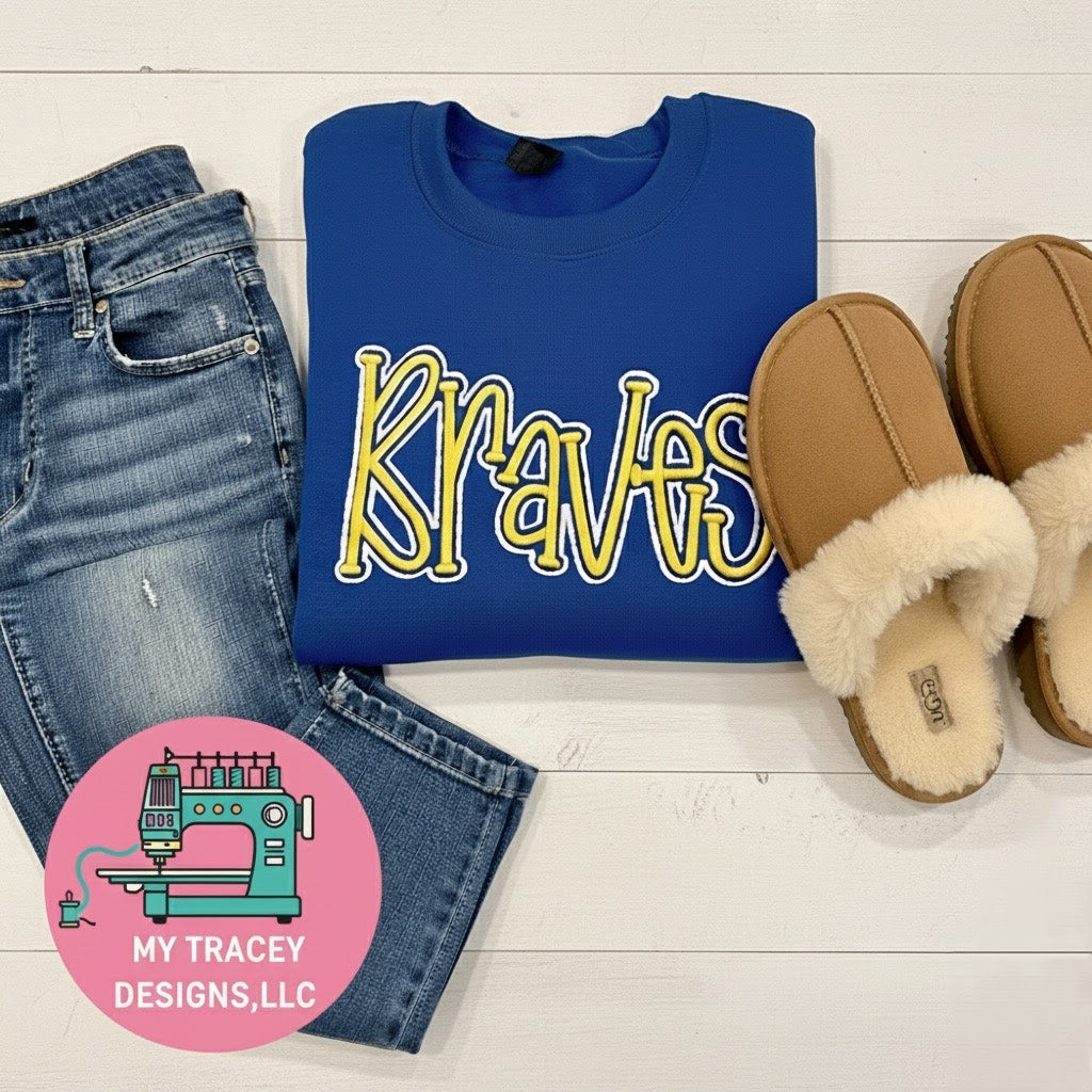 Custom Braves 3D Puff Embroidery School Spirit Crewneck Sweatshirt