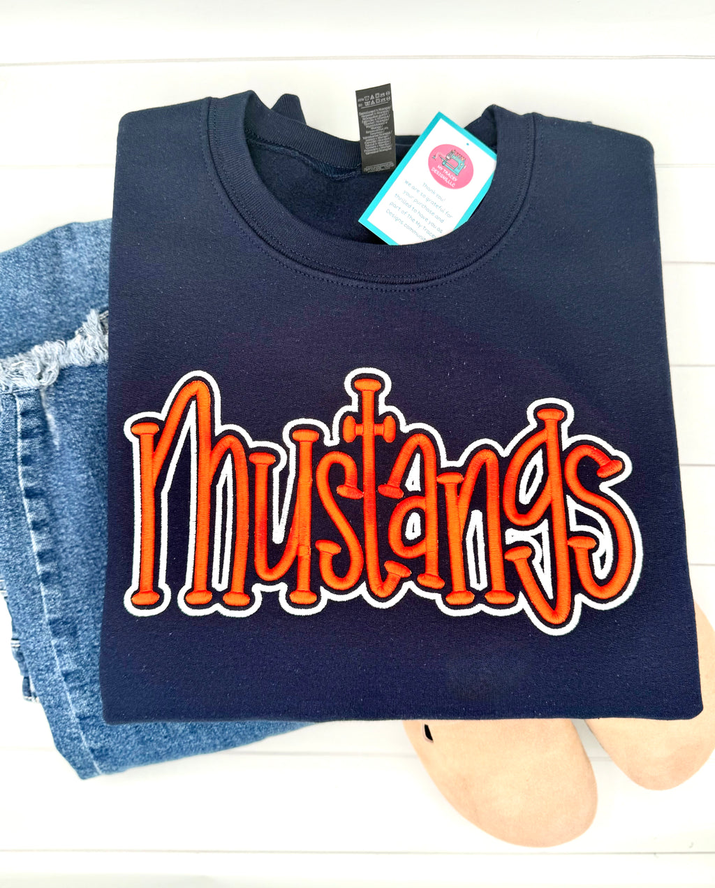 Custom Mustangs 3D Embroidery School Mascot Crewneck Sweatshirt