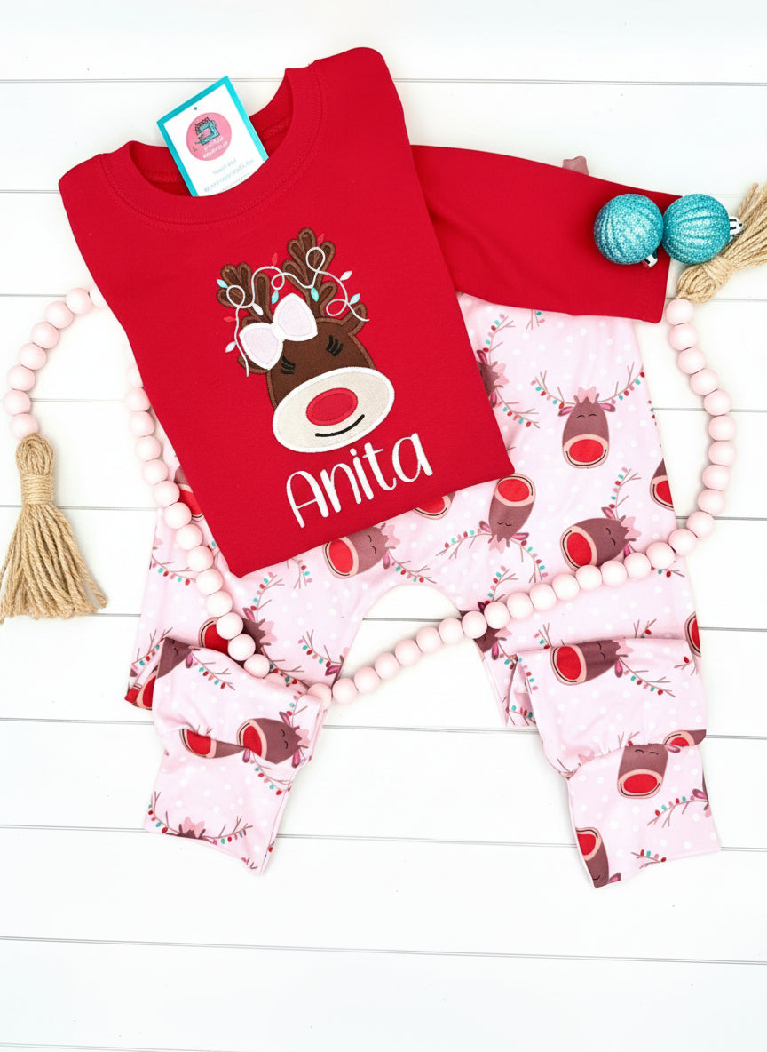 Personalized Christmas Reindeer Outfit - Custom Name Red Shirt with Matching Leggings
