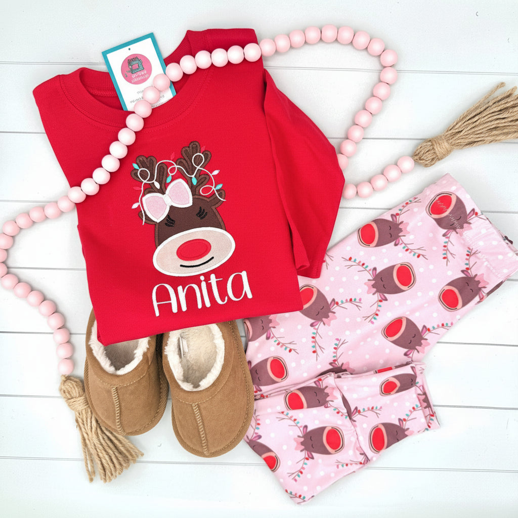 Personalized Christmas Reindeer Outfit - Custom Name Red Shirt with Matching Leggings