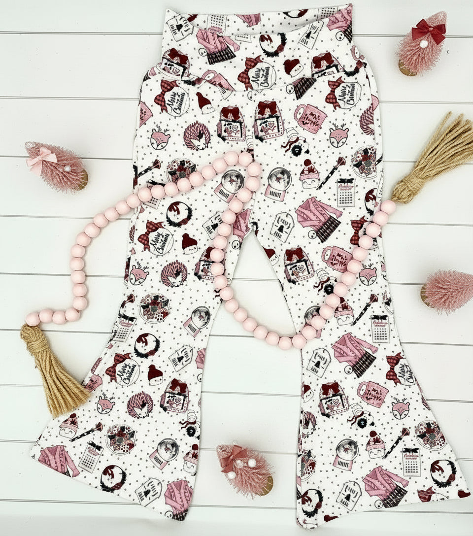 Handmade Boutique Flare Pants with Coordinating Personalized Applique Embroidered Ruffle Shirt Set.