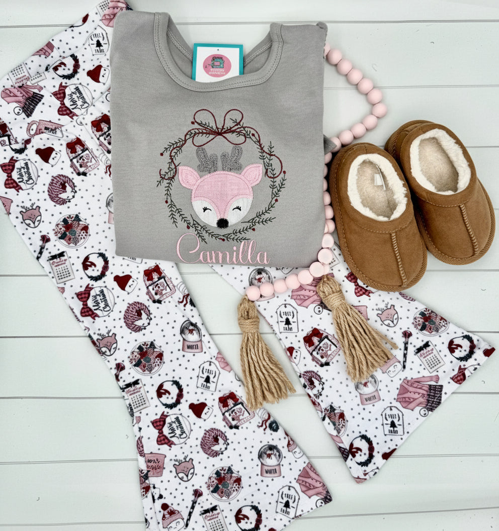 Handmade Boutique Flare Pants with Coordinating Personalized Applique Embroidered Ruffle Shirt Set.