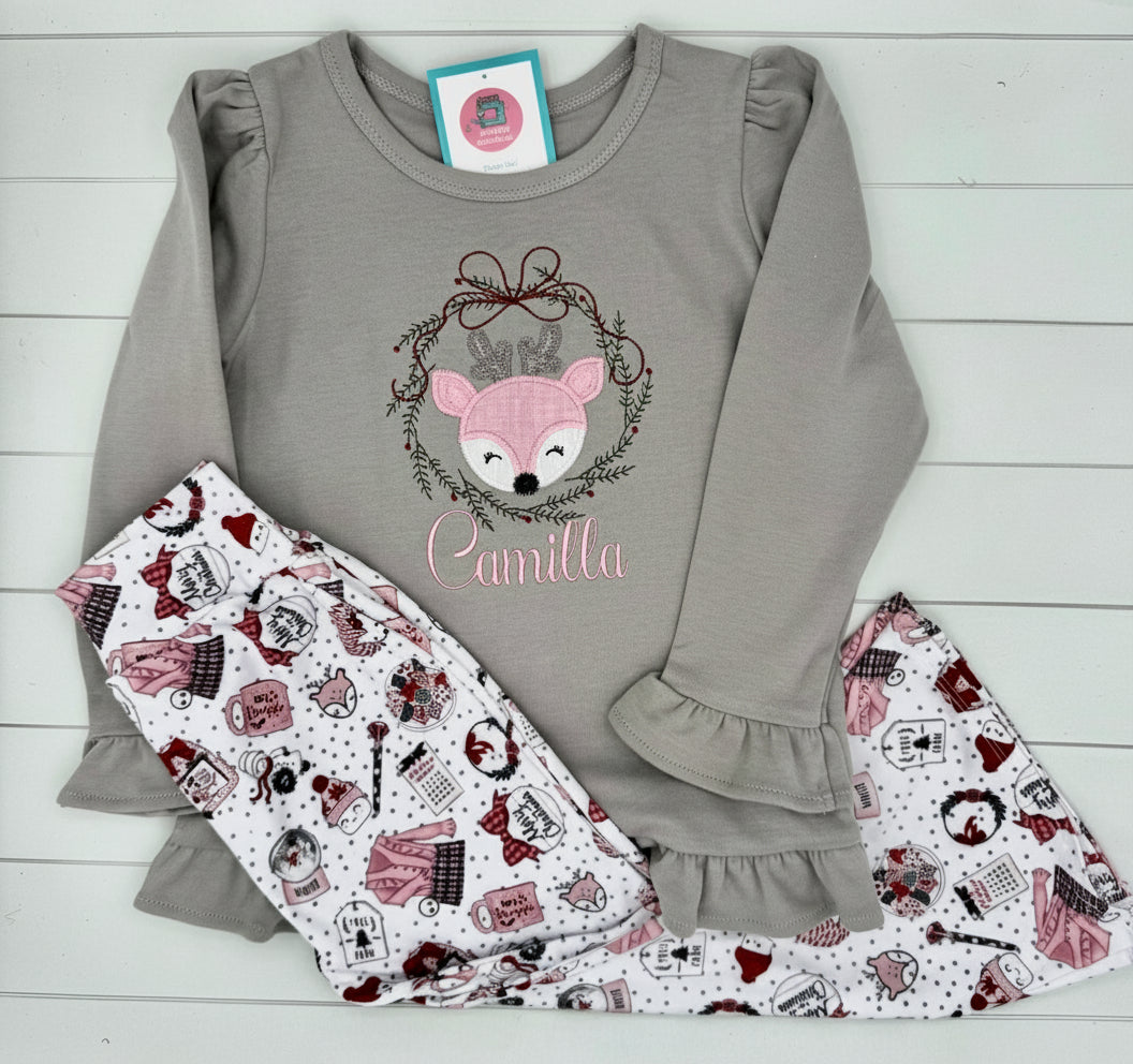 Handmade Boutique Flare Pants with Coordinating Personalized Applique Embroidered Ruffle Shirt Set.