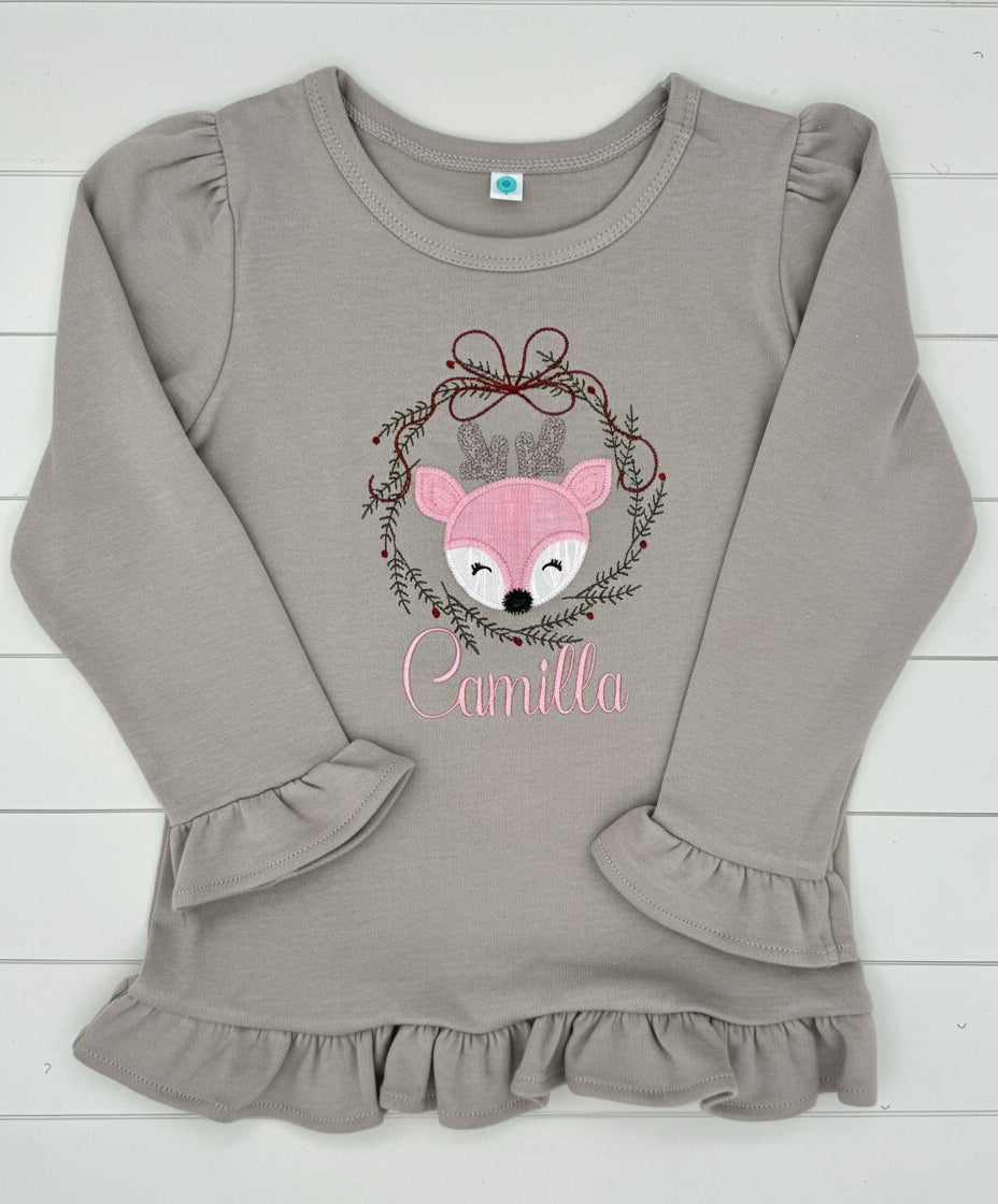 Handmade Boutique Flare Pants with Coordinating Personalized Applique Embroidered Ruffle Shirt Set.