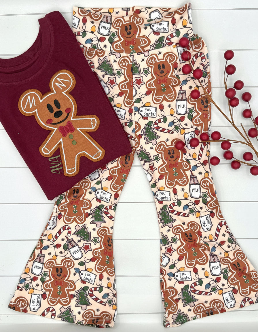 Personalized Gingerbread Outfit - Custom Name Burgundy Long Sleeve with Matching Flare Pants
