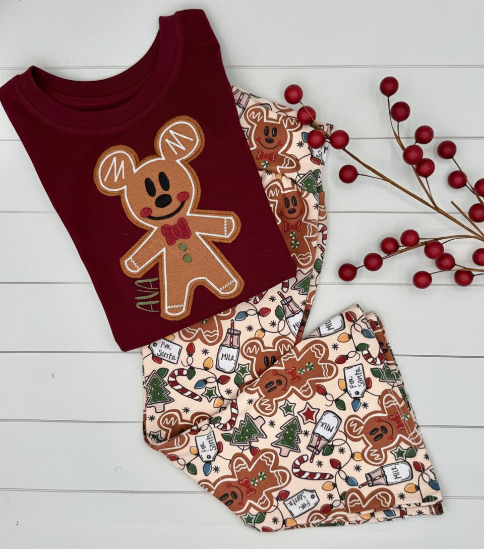 Personalized Gingerbread Outfit - Custom Name Burgundy Long Sleeve with Matching Flare Pants