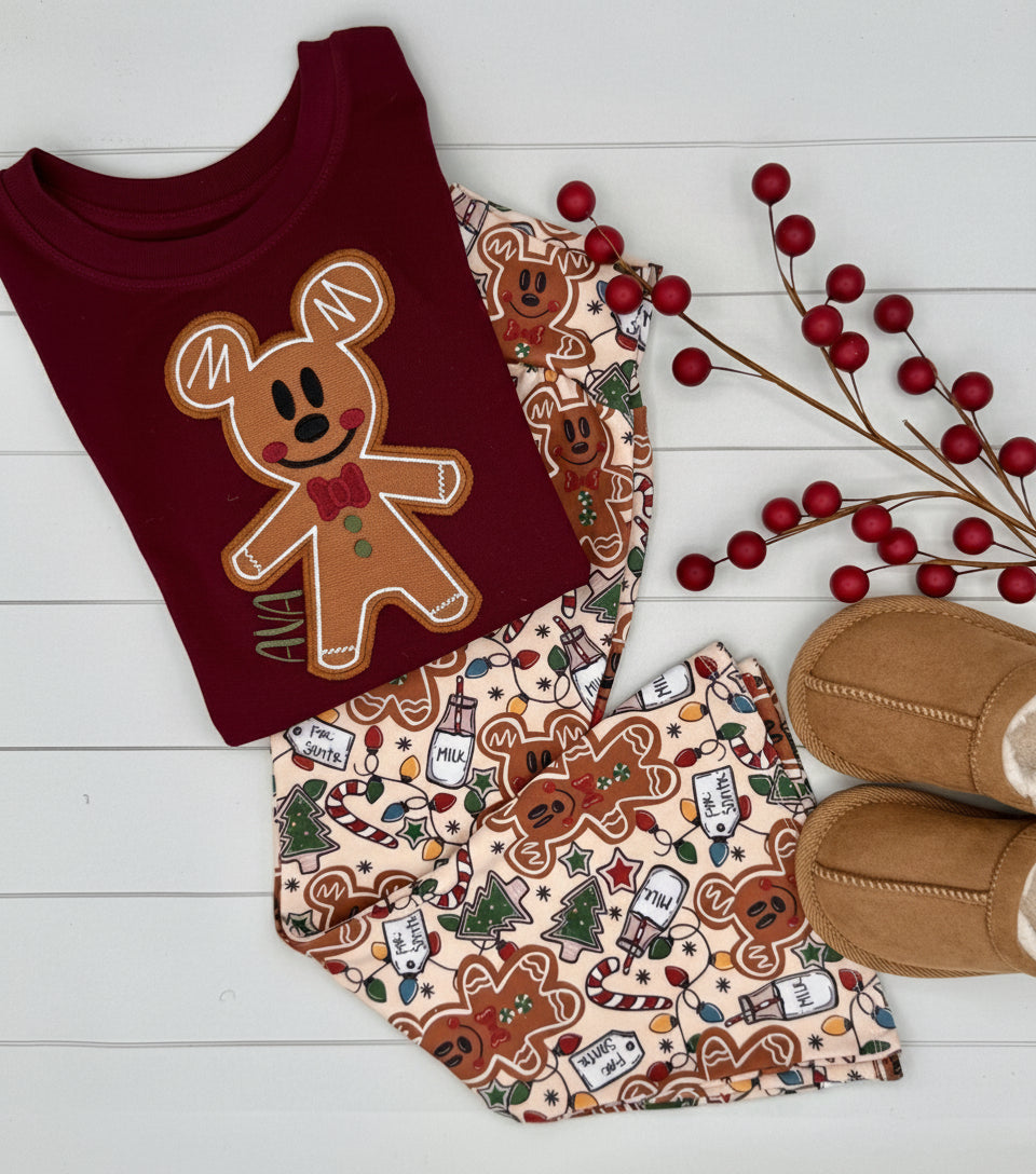 Personalized Gingerbread Outfit - Custom Name Burgundy Long Sleeve with Matching Flare Pants