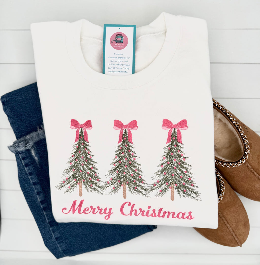 Merry Christmas Tree Embroidered Sweatshirt - Pink Bow Holiday Crewneck