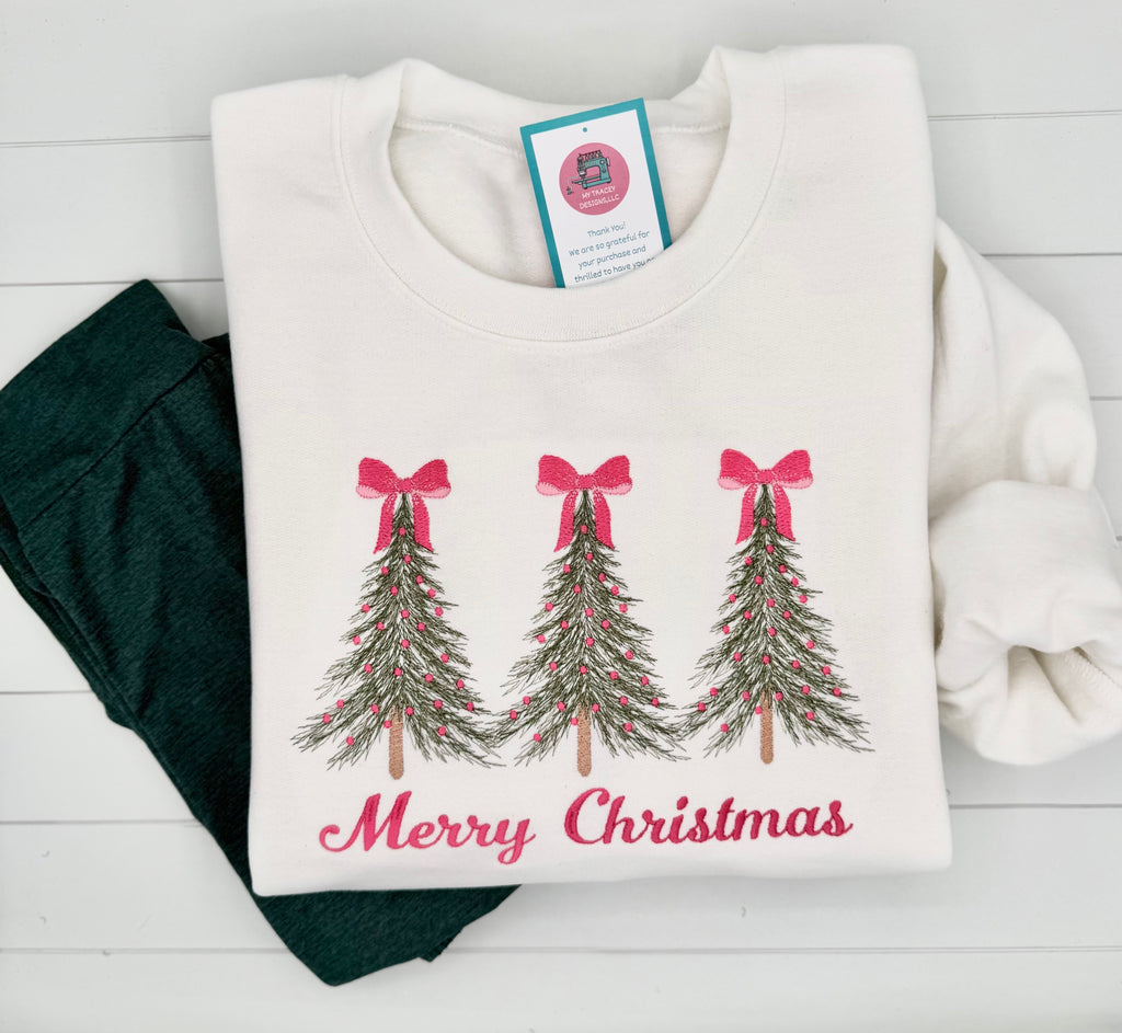 Merry Christmas Tree Embroidered Sweatshirt - Pink Bow Holiday Crewneck